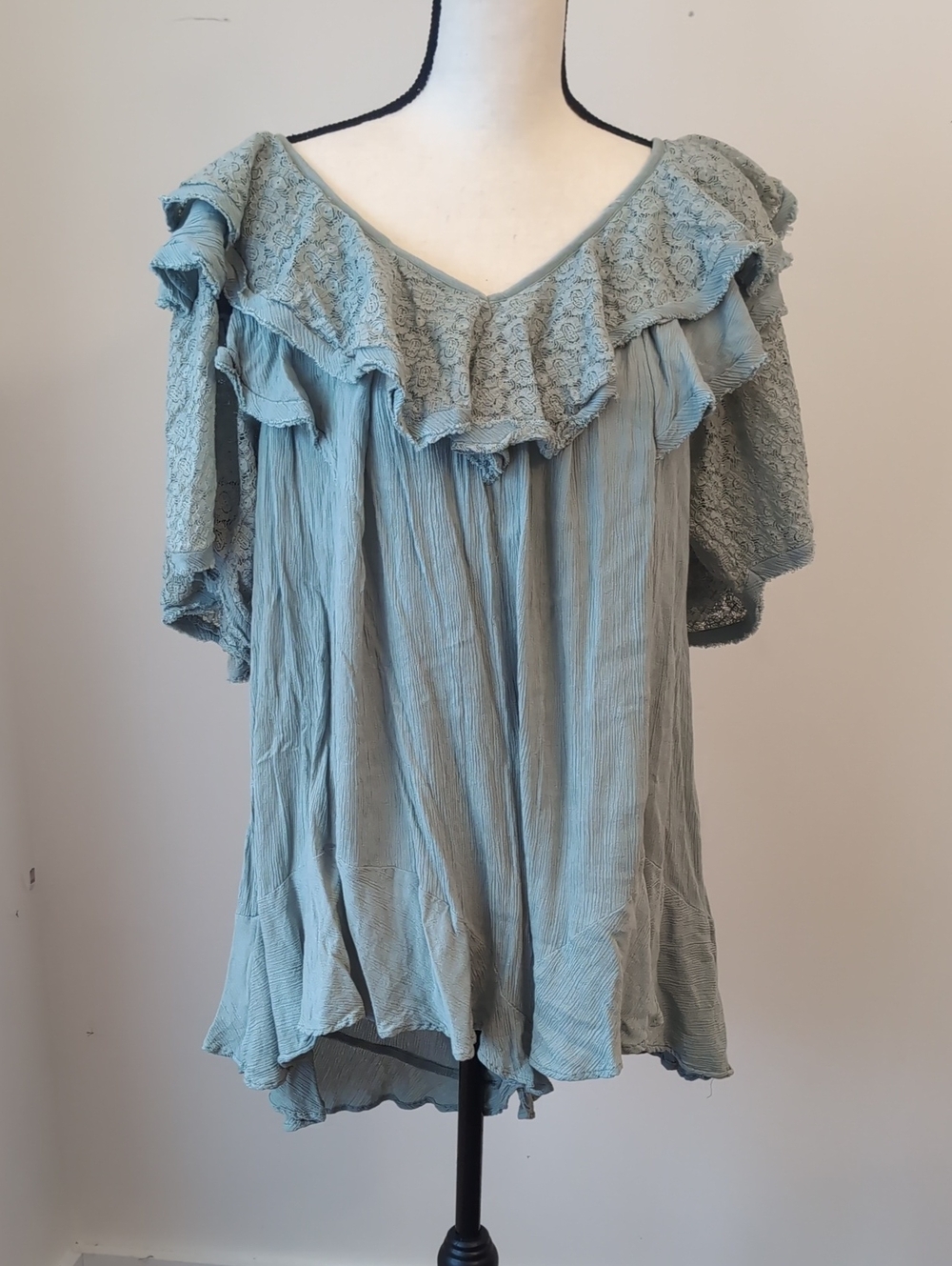 Free People Light Blue Lace-Trim Ruffle Romper